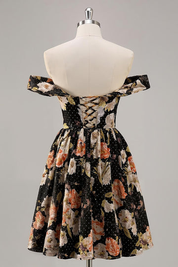 Black Floral A Line Off The Shoulder Mini Homecoming Dress with Beading